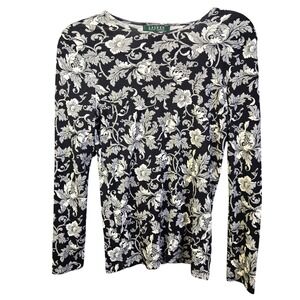 Lauren Ralph Lauren Top Womens Medium Black White Floral Long Sleeve Cotton